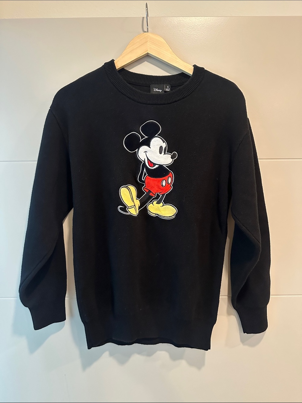 Disney Men's Black Crewneck Sweater with Embroidered Mickey